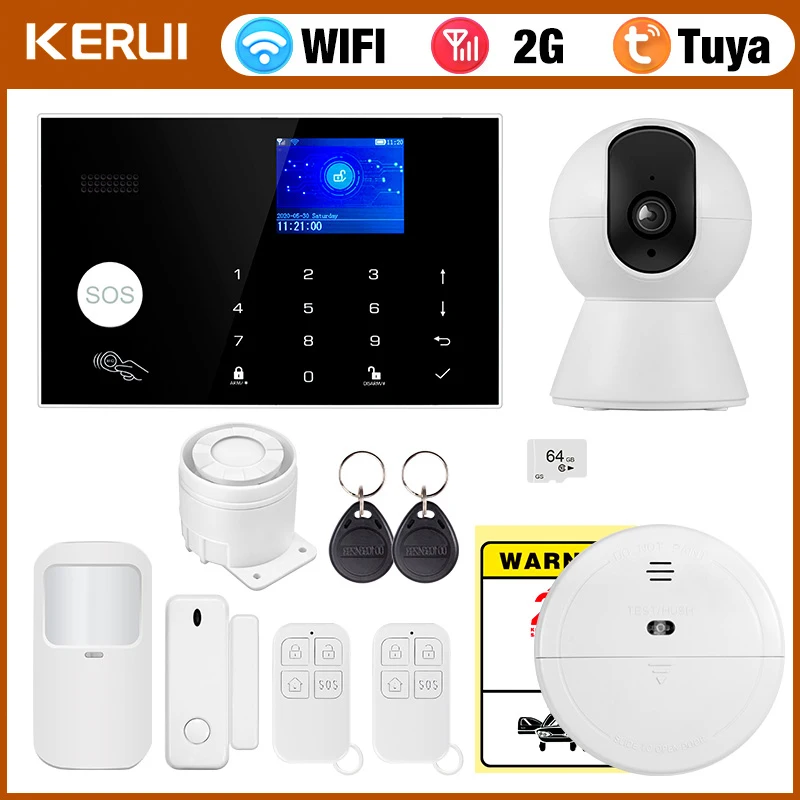 

KERUI WIFI GSM Alarm System Wireless Home Burglar Security Alarm System Tuya APP Control Siren Motion Detector PIR Smoke Sensor