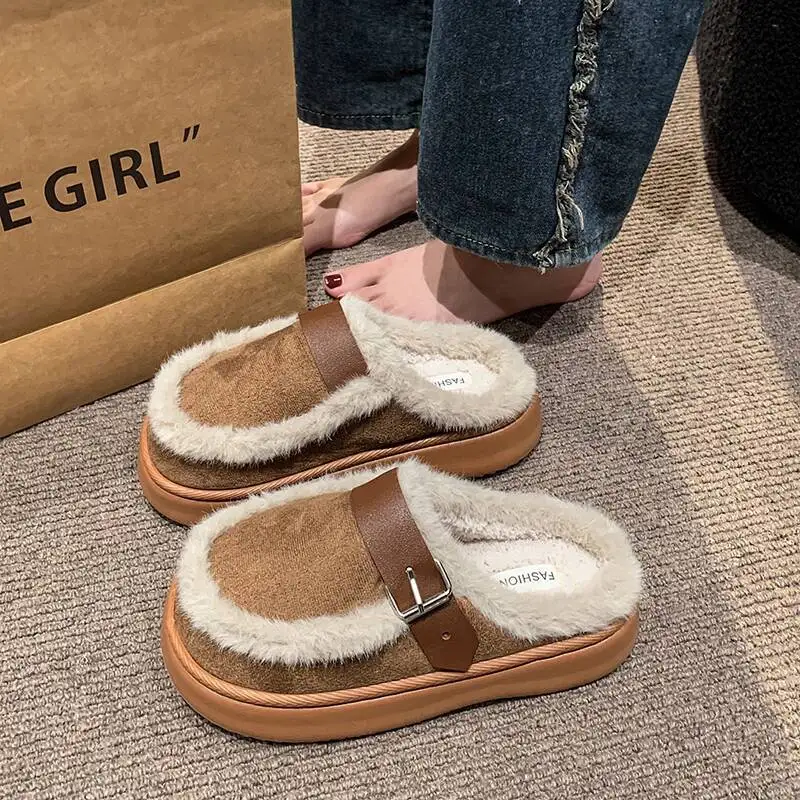 

Women's Home Slippers Autumn Winter Retro Fleece Lined Slippers Belt Buckle Fuzzy Warm Closed Toe For Indoor & Outdoor Slippers