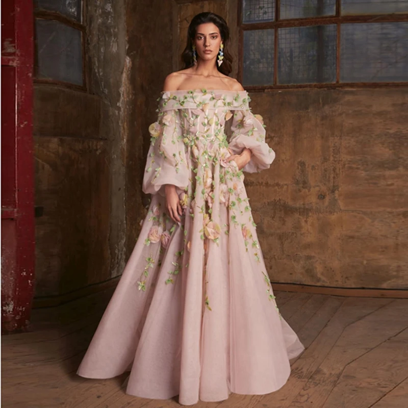 

Sweet Boat Neck Flowers Leaf A Line Pageant Dresses Unique Puff Sleeves 3D Floral Tulle Prom Party Gowns Beading Prom Gowns