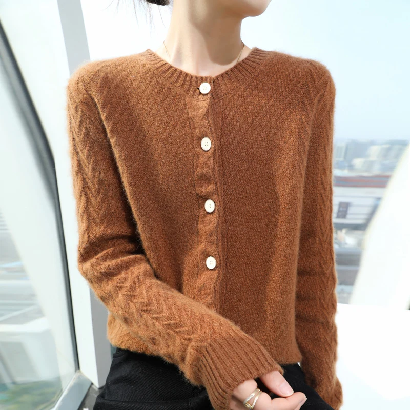 2024New Women's Classic Australian Pure Wool Round Neck Knitted Cardigan Long Sleeve Button Casual High Quality Knitted Sweater 4