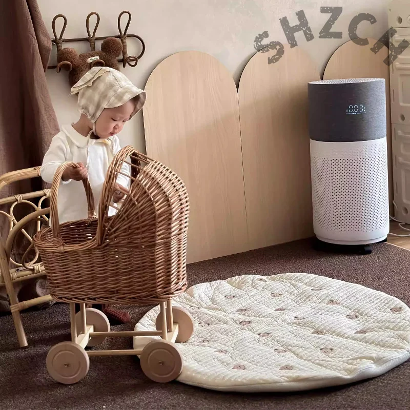 Vintage Rattan Doll Stroller – Woven Nursery Storage Basket & Pretend Play Pushcart for Kids and Photo Props