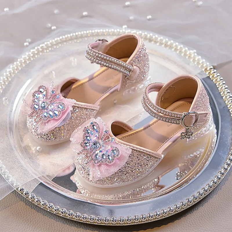 

Girls' Sequined Butterfly Princess Shoes Children's Spring Summer Rhinestone Leather Shoes Kids Comfortable Soft Sole Sandals