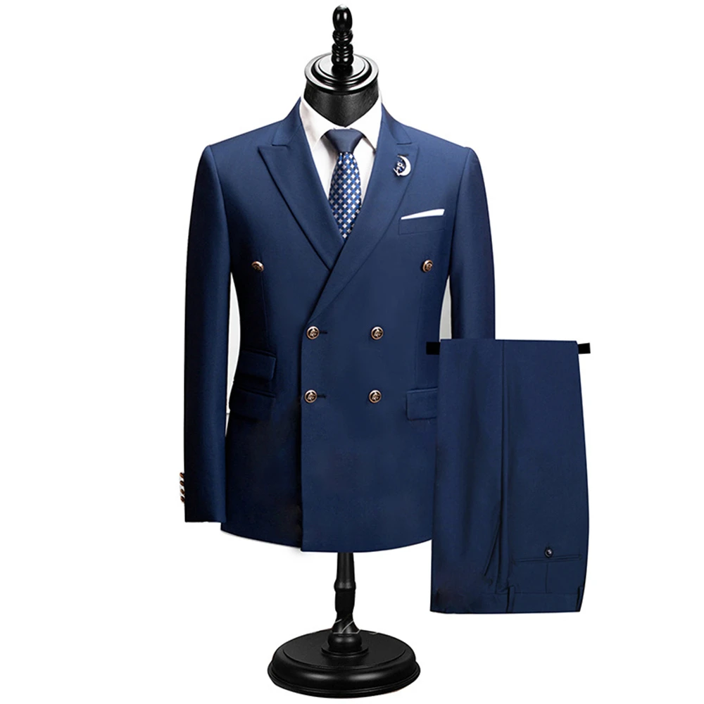 Conjunto de terno de duas peças masculino de ajuste fino, blazer de lapela entalhada, calças ajustáveis na cintura, smoking formal duplo breasted