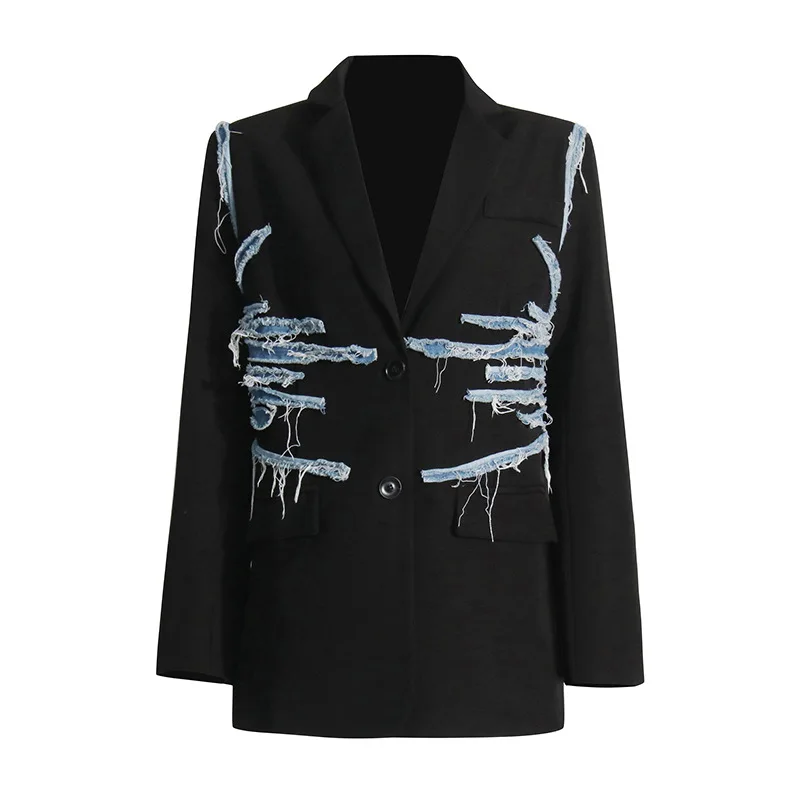 Fashion casual retro denim splicing suit 2025 summer new temperament contrasting color traf design loose blazer women outerwears