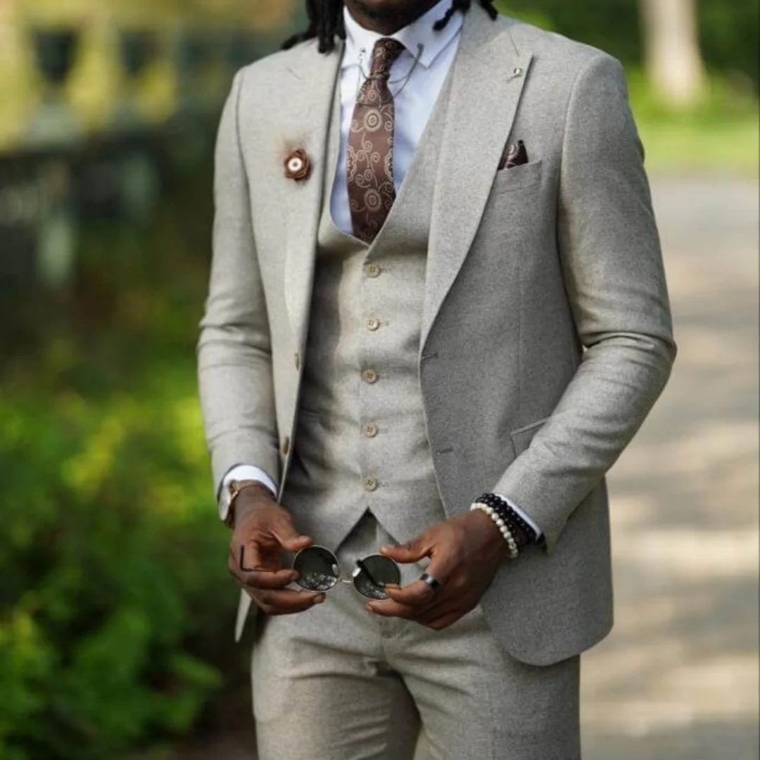 Formal Peak Lapel Tweed Men's Suits Single Breasted Bespoke Slim Fit Male Tuxedos Three Pieces Jacket+Pants+Vest Costume Homme