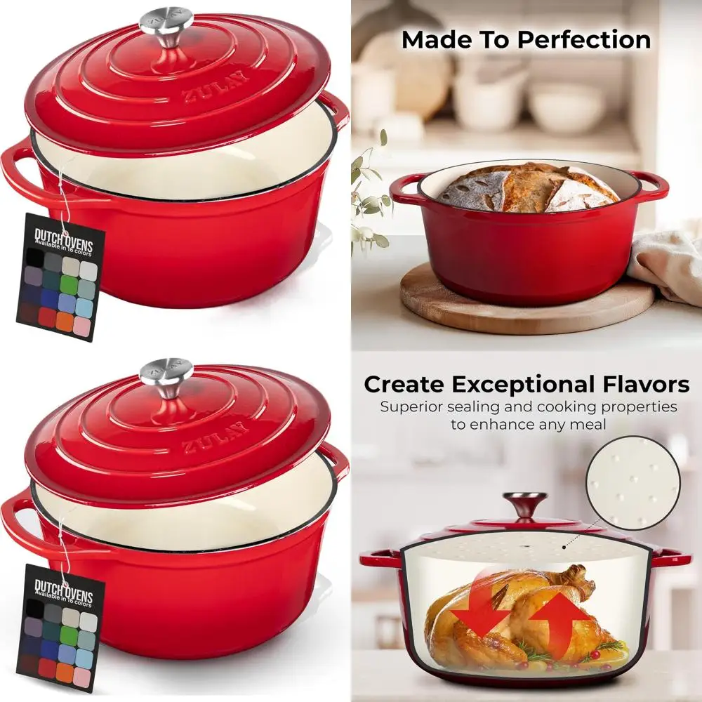

Enameled Cast Iron Dutch Oven, 5 Quart, Oven Safe to 500°F, Ideal for Baking, Stews, Braising, and Roasting in Red