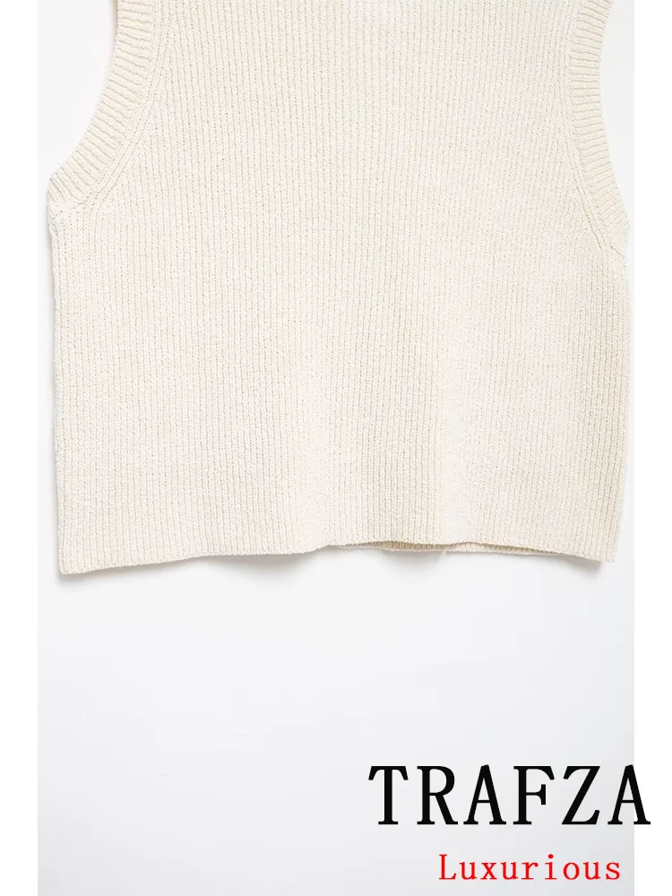 TRAFZA Vintage Casual Vest Solid O-Neck Sleeveless Single Breasted Knitted Buttons Sweaters Fashion 2024 Autumn Female Cardigans