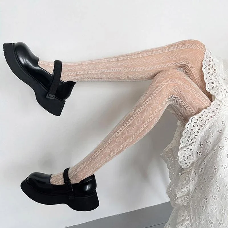 المرأة الظلام القوطية جوارب طويلة اليابانية الحلو القلب العمودي مخطط منقوشة شير الجوارب تأثيري شبكة 15UB #3