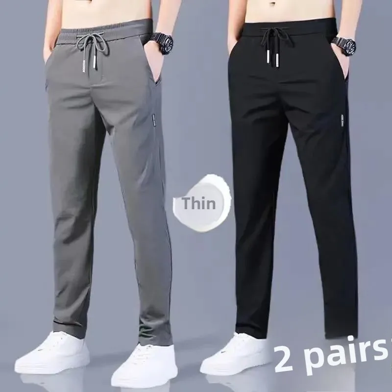 

Ice Silk Men's Summer Loose Waist Straight Leg Casual Pants Faionable All-Match Spor Trousers Low Stretch Youth Trend