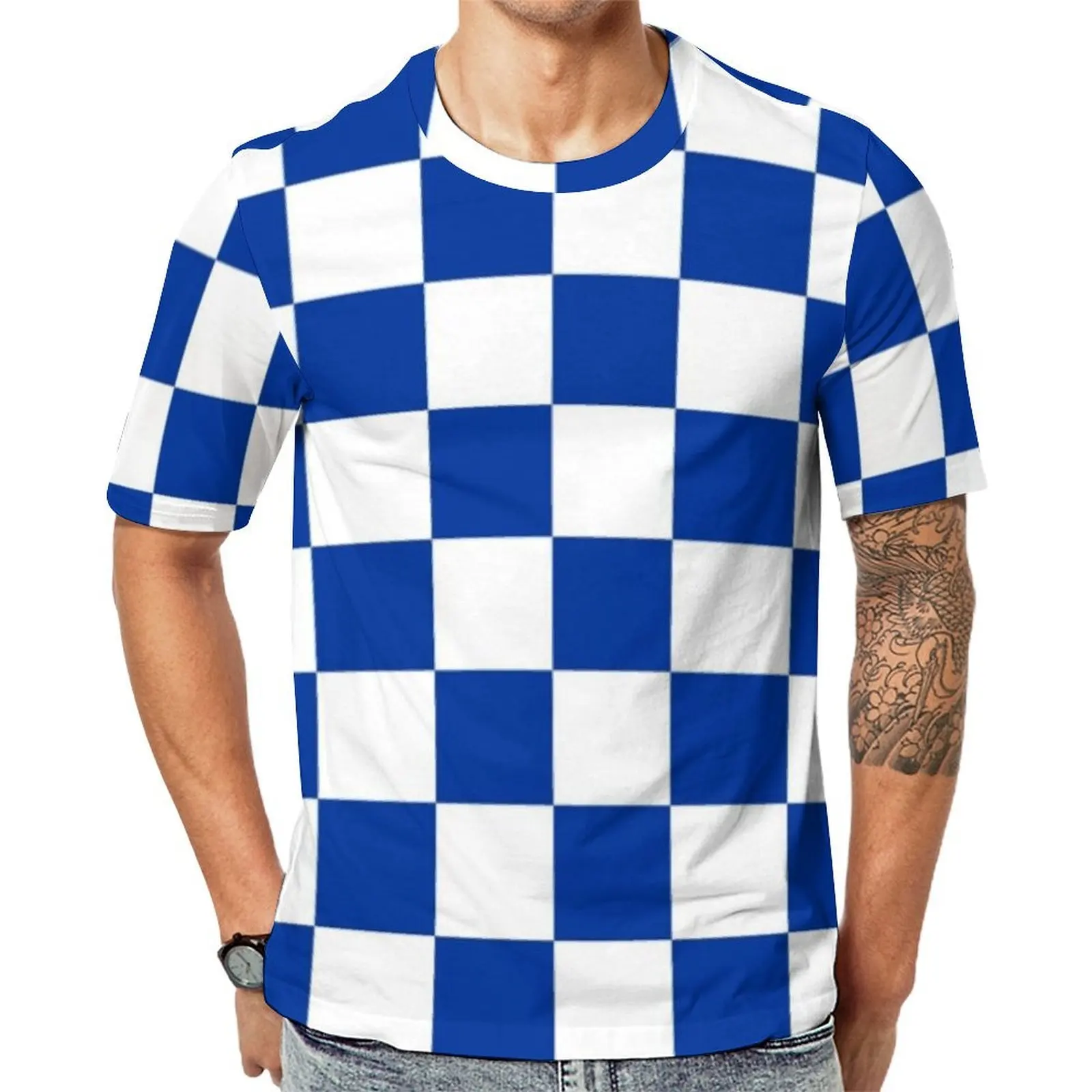 Blue And White Checkerboard T-Shirt Vintage Checker Print Cool T Shirts Men Y2K Tshirt Summer Short Sleeve Custom Tees Plus Size