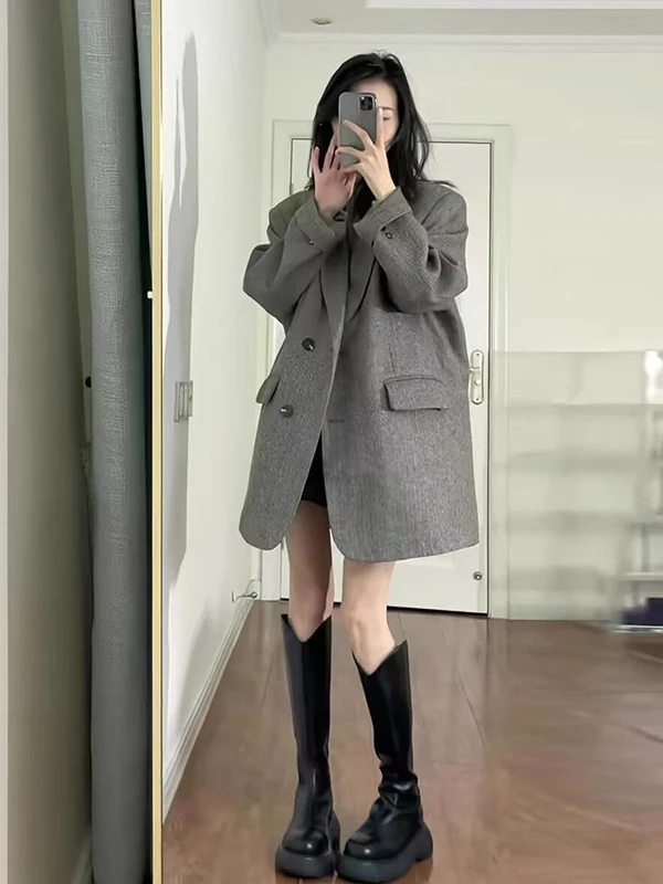 

plus Size 300 Pou Chic ey Long Sve Women's Suit Jaet Loose Street Sle Spring Outerwear for plus Size Women