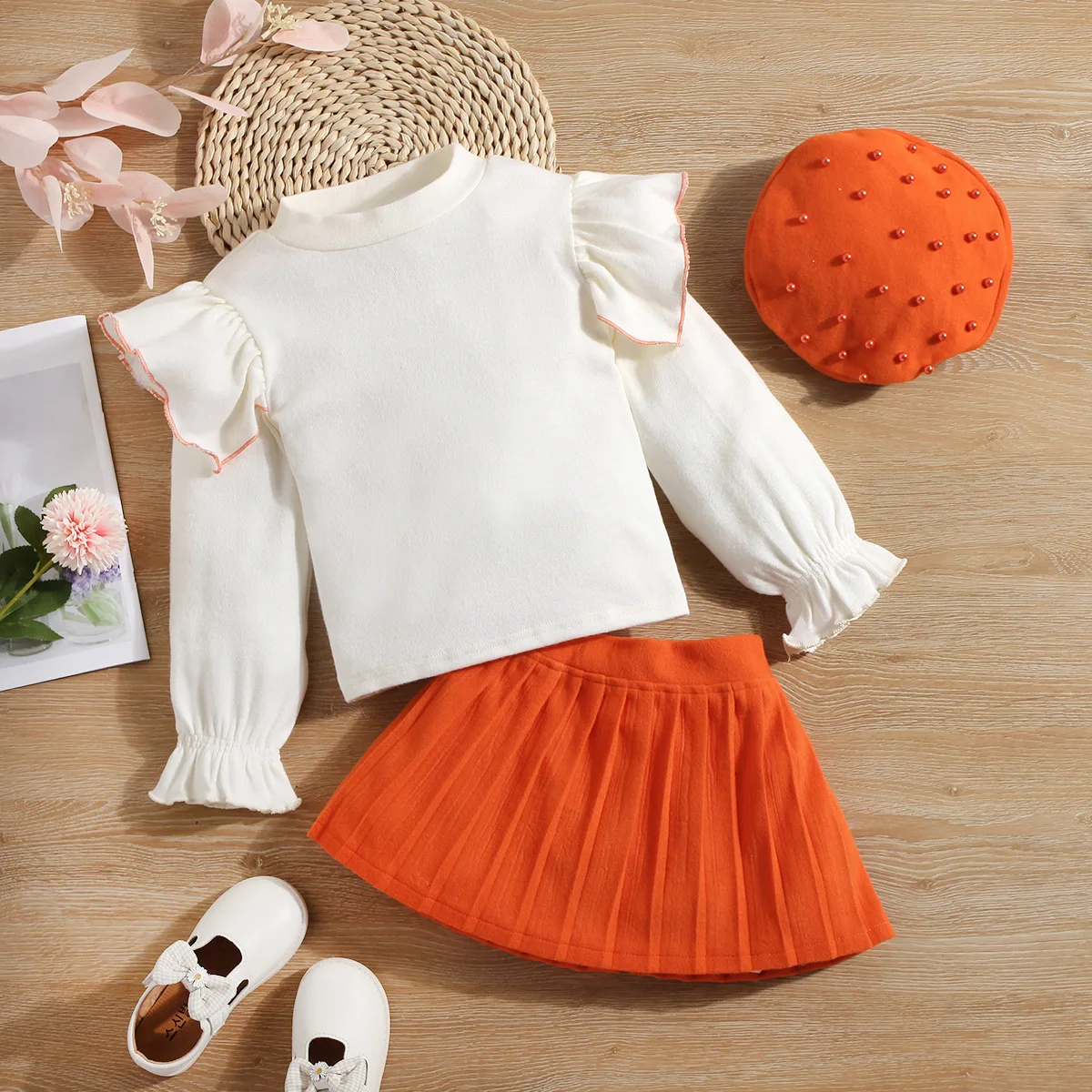 

Spring Autumn Fashion Baby 2 Piece Sets White Trendy Ruffle Lantern Sleeve Kids Tshirt Pleated Casual Girls A-line Skirt