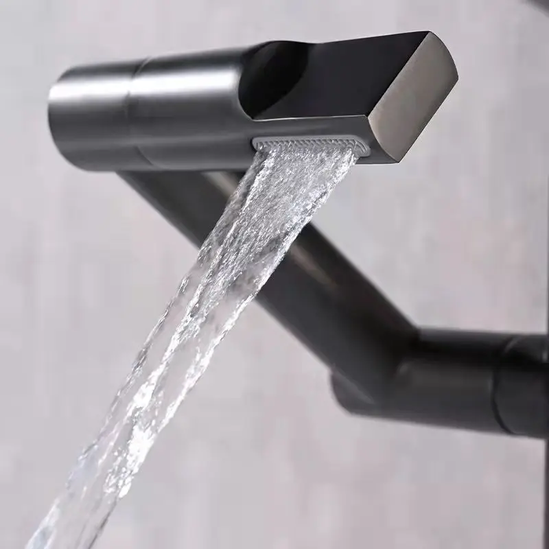 Bateria umywalkowa w kolorze szarym gunmetal z miedzi, z wyświetlaczem cyfrowym temperatury wody ciepłej i zimnej, bateria pod umywalkę, bateria pod umywalkę podwieszoną, bateria uniwersalna z ramieniem robotycznym.