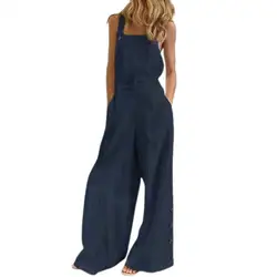 Summer Fashion Womens Sleeveless Loose Jumpsuit 2024 Ladies Solid Pockets Wide Leg Pants Long Trousers Suspenders Street Leisure