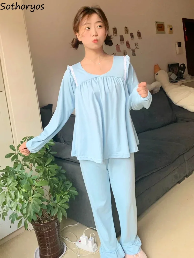 

Blue Pajama Sets Women Casual Ruffles Designed Classic Sweet Sleepwear Basics Korean StyleTrendy Chic Simple Vintage Elegant
