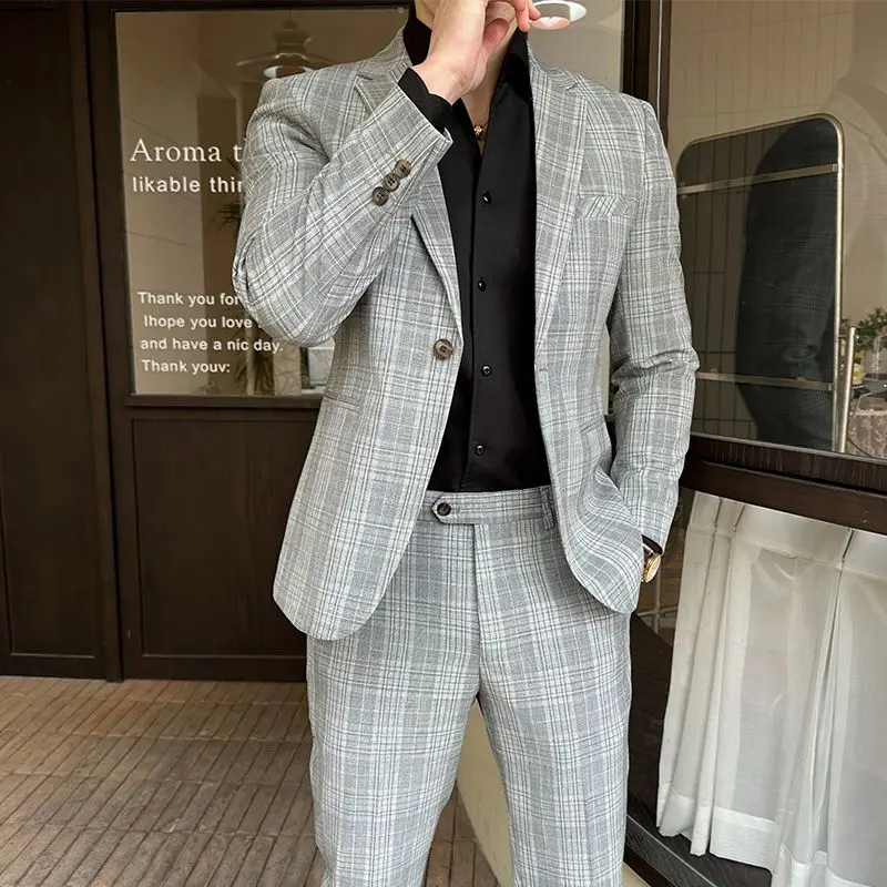

Fashion Men’s 2 Piece Set Suit Elegante Slim Fit Plaid Casual Professional Outfit Wedding Groom Business Formal
