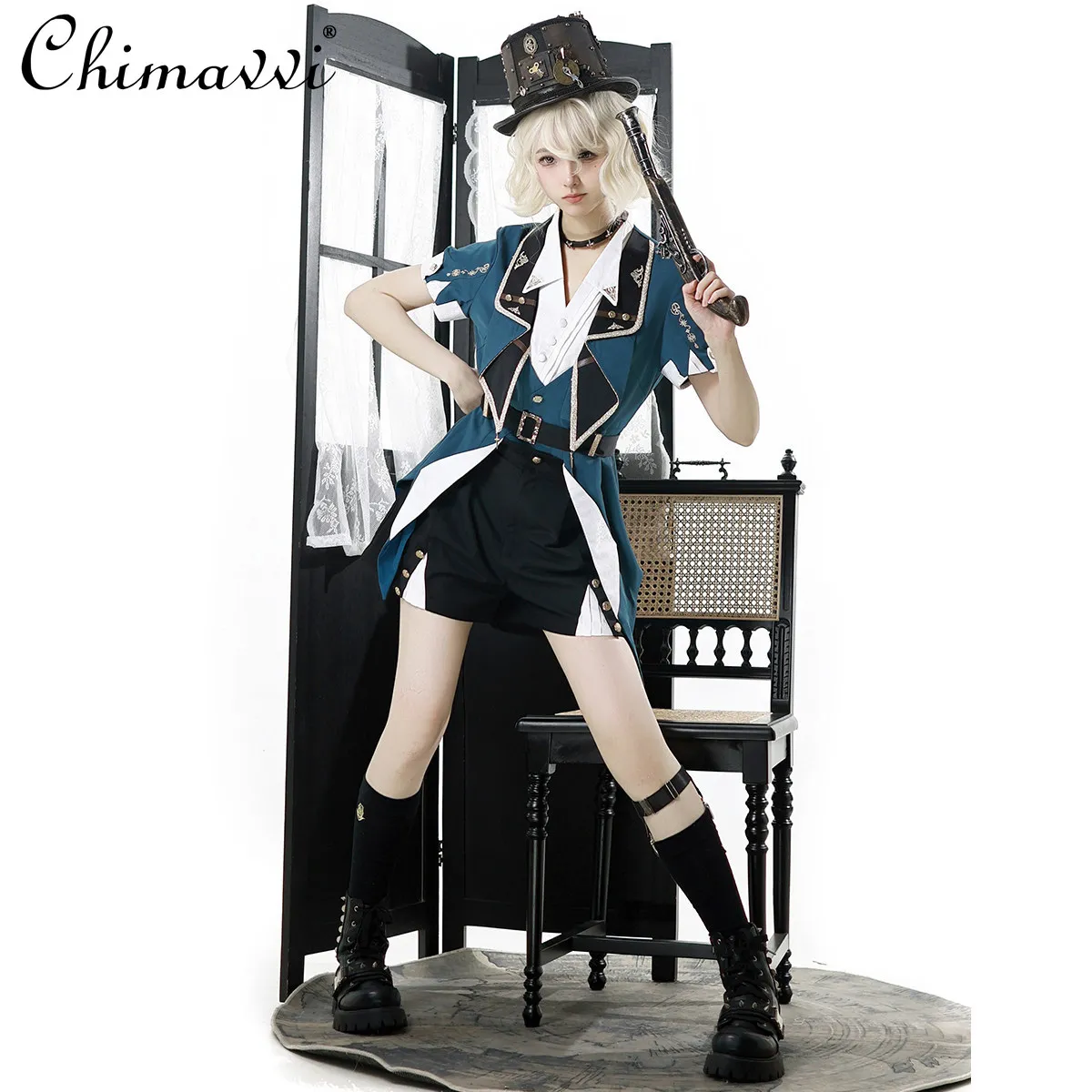 

Original Retro Punk Goth Preppy Style Suit 2026 Summer Cool Girl Irregular Short Sleeve Jacket Shorts Lolita Two-piece Set