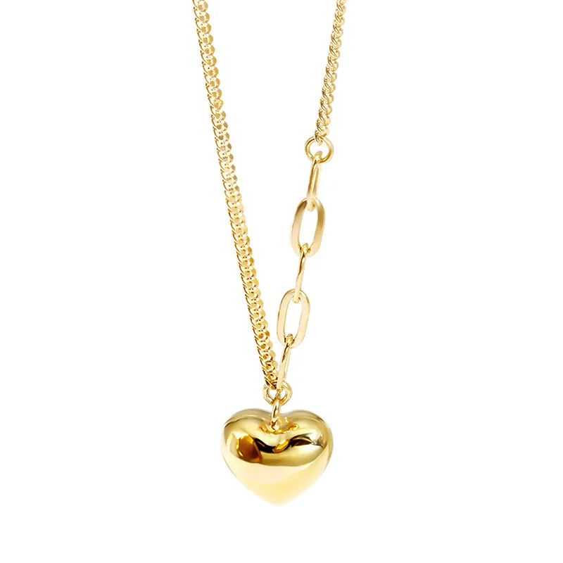 Three-dimensional Heart Shape Pendant Necklace Collarbone Chain S925 Sterling Silver Plated with 14K Gold Girl Woman