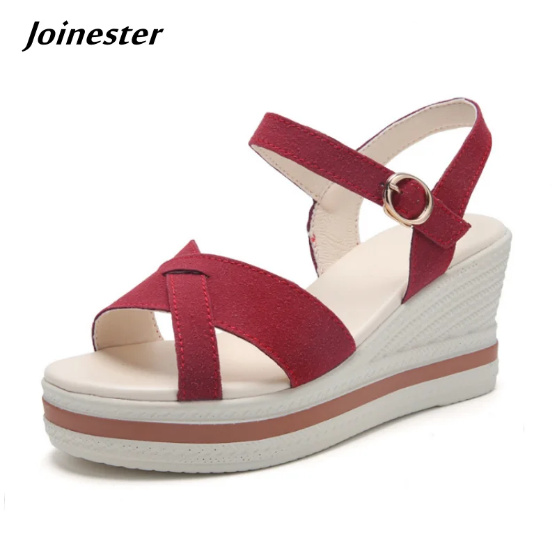 Sandalia de cuña de gamuza estilo romano para mujer con correa de hebilla en el tobillo moda de verano alpargata de plataforma de Color puro calzado cómodo