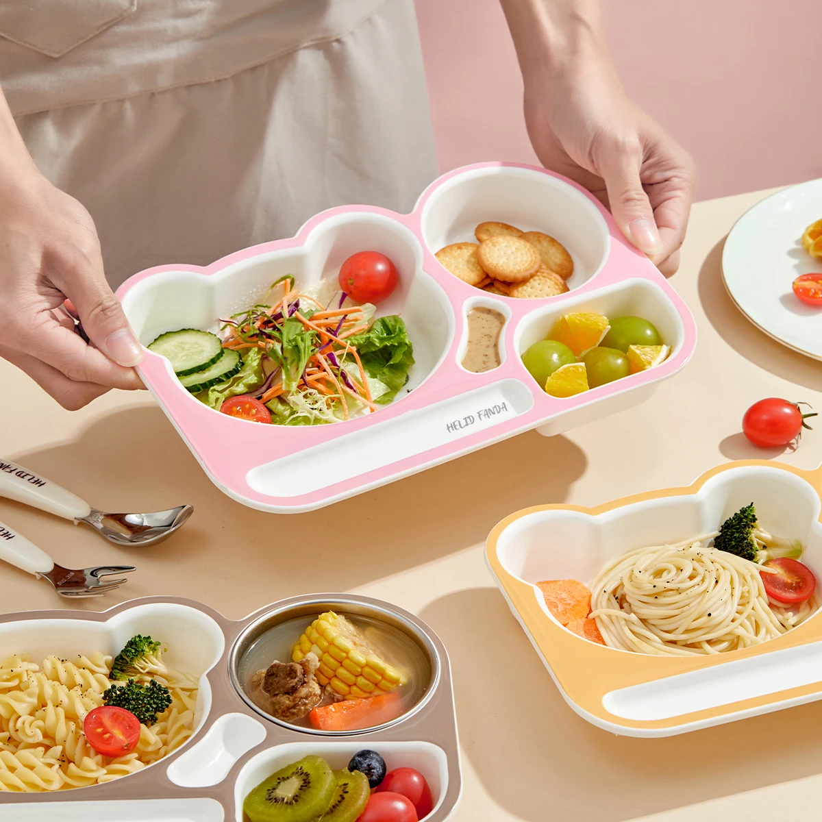 

3 Grids Cartoon Plastic Food Plate With Soup Bowl Kid Student Portable Reusable Dinning Plate Fruit Salad Plate Microwave Safe