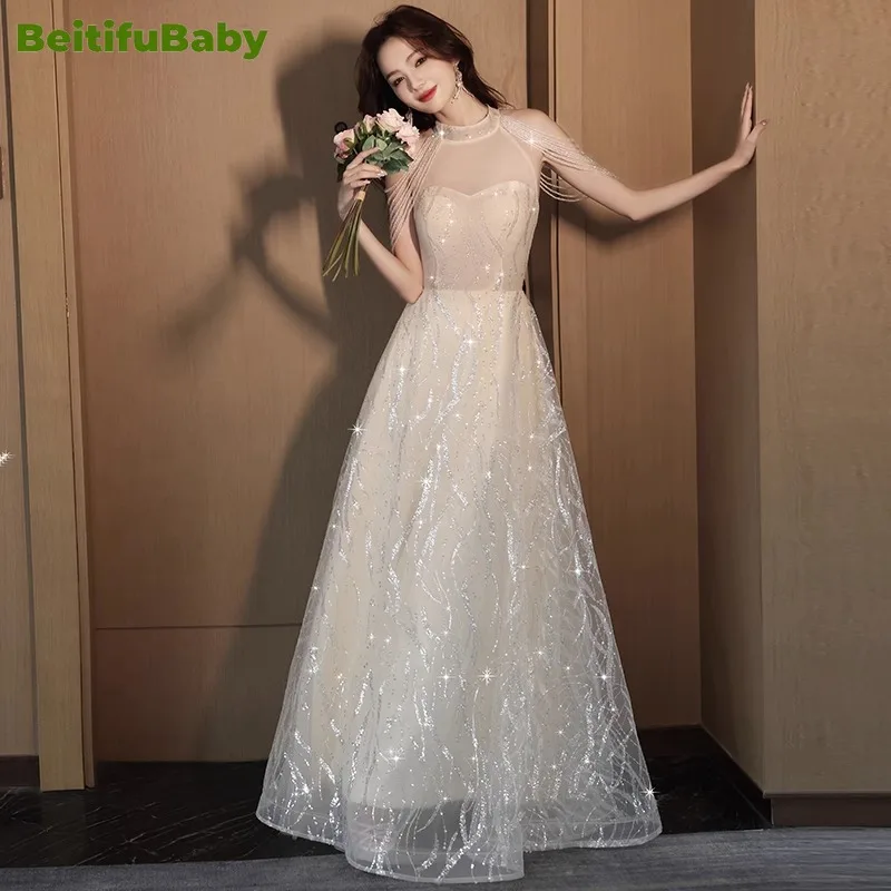 BeitifuBaby Engagement Evening Dress for Women Light Luxury Halter Tassel Banquet Gown Women\'s Wedding Party Dresses Vestidos