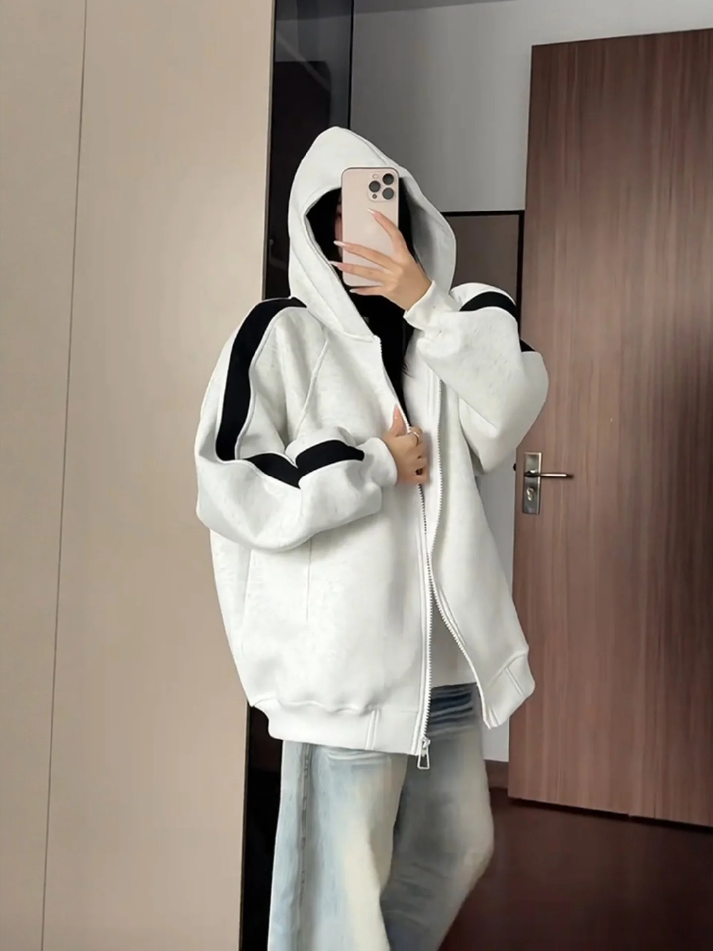 

Cleanfit ey White Stripe Hoodie Cardigan ex Autumn Heavyweight Casual Design Sweatirt Coat Zipper Closure Cotton Poly...