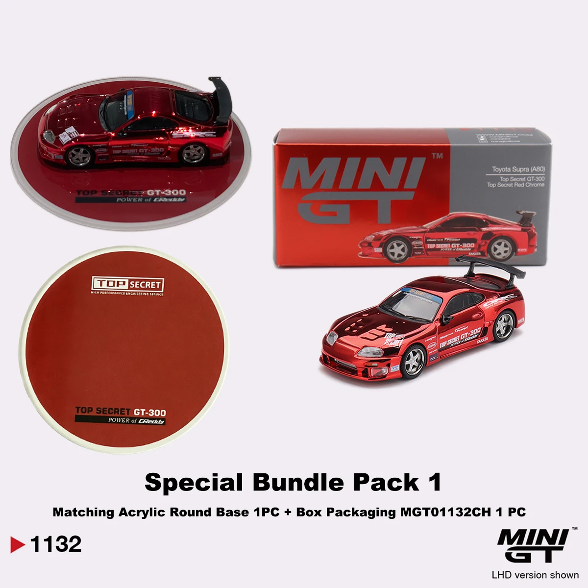 Auf Lager, Versandbereit: MiniGT 1132 1:64 Toyota Supra MK4 Top Secret GT-300 Chrom-Rot LHD Druckguss-Modellauto – Detail 6