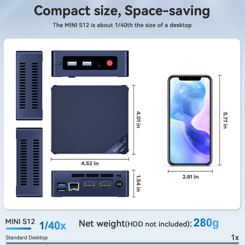 Mini PC universale di fascia alta S12 PRO Intel N100 Quad Core Win 11 16G DDR4 500G SSD WIFI5 Porta Gigabit Ethernet PC tascabile portatile