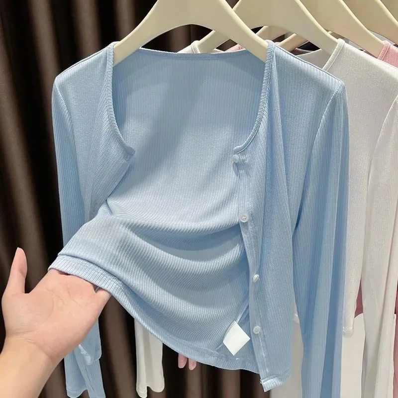 

Women's Light Gray Ribbed Cardigan - Thin Summer Cover Up with UV Protection for Office & Outdoor