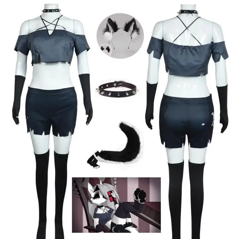 2026 Loona Cosplay Kostüm für Erwachsene Frauen Helluva Boss Grau-Schwarzer Böser Anführer Halloween-Outfit