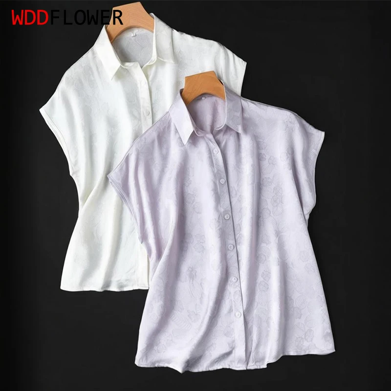 

Women 100% Mulberry Silk Floral Jacquard Silk Solid Color Collared Short Sleeve Buttons Down Shirt Top Blouse office work M1672