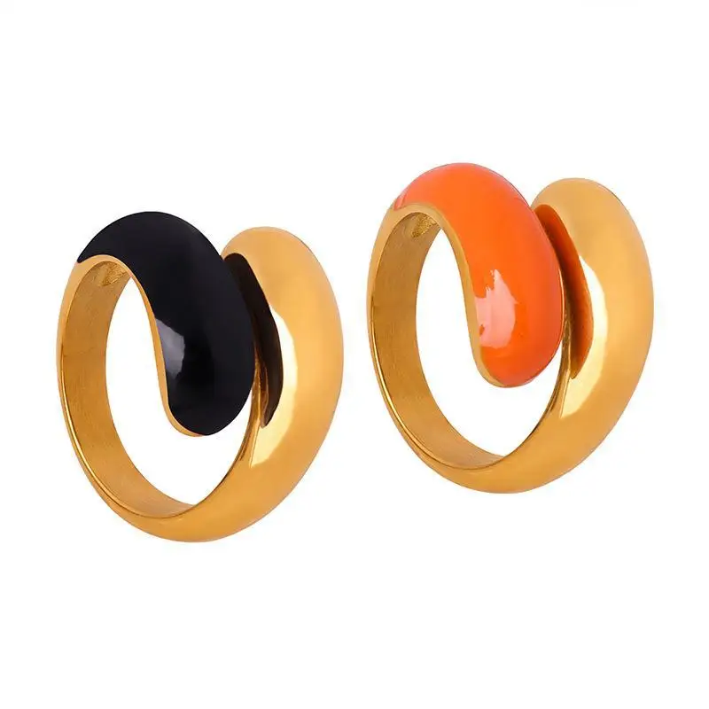 New Design 18K Gold  Silver  Plated Stainless Steel Waterdrop Enamel Orange Black Ring  Waterproof Hypoallergenic Jewelry Gift