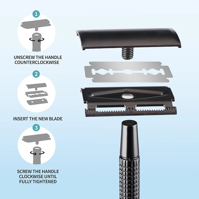 ماكينة حلاقة كلاسيكية للرجال لإزالة الشعر الخفيف ماكينة حلاقة بحافة مزدوجة من الفولاذ المقاوم للصدأ مع صندوق واحد شفرات حلاقة بحافة مزدوجة