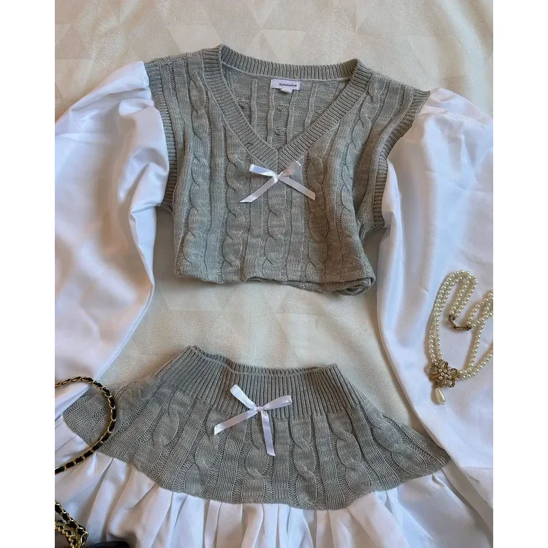 2025 Y2k بدلة تنورة جديدة Harajuku موضة قطعتين مجموعة المرأة القوس محبوك بأكمام طويلة البلوز Kawaii مثير Mini Sk eqs9X