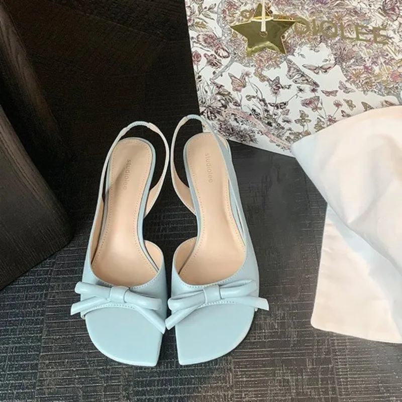 Elegant bow satin low heels sandals women's 2026 summer new in blue/white/violet slingback leather heels luxury designer shoes