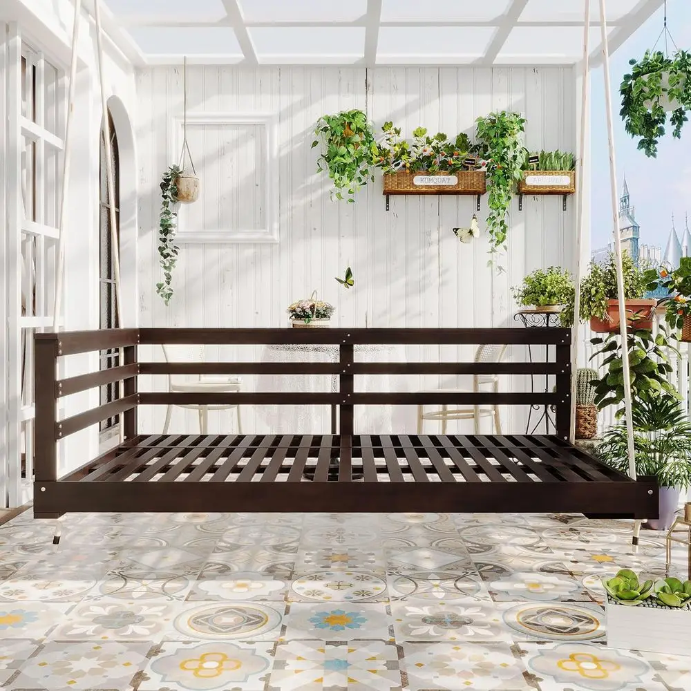 

Wooden Twin Size Patio Swing Bed with 4 Hemp Ropes, Brown, for Outdoor Garden Use