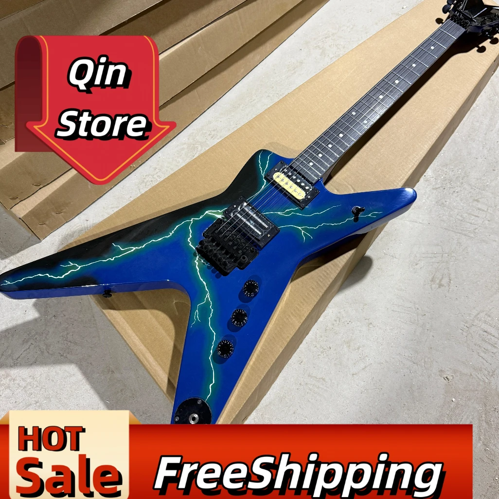 Dean Dimebag Deep Blue Lightning Fork Electric Guitar HB Pickups Black Blue Gradient+White Lightning Spray Paint Floyd Rose