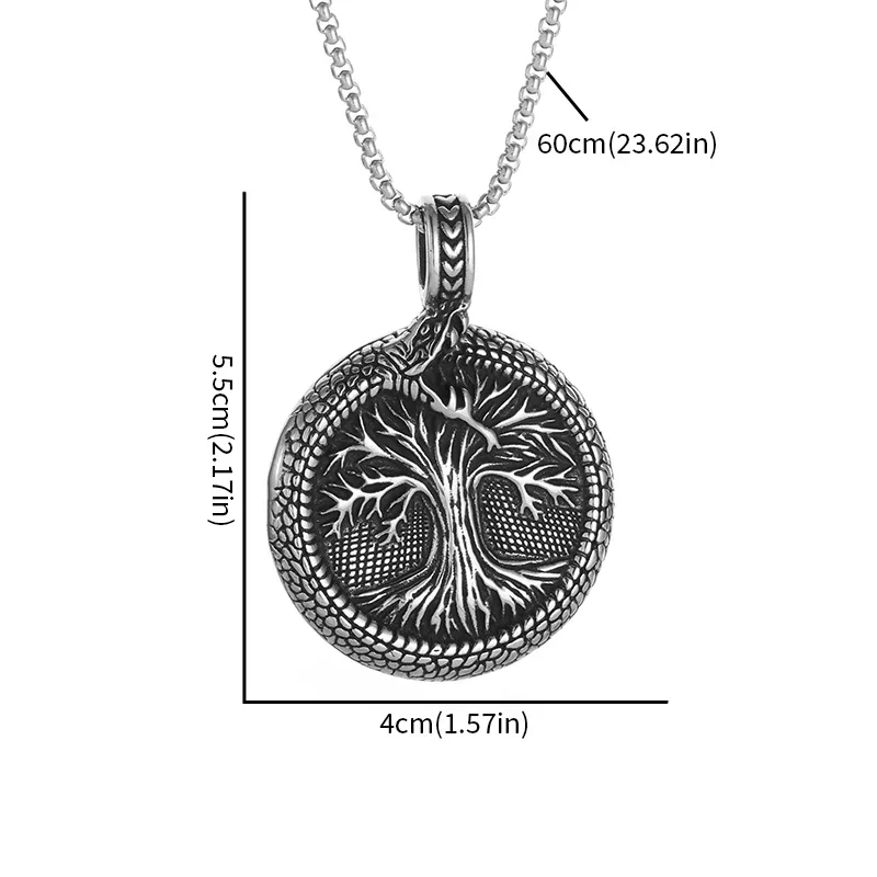 Retro Domineering Ouroboros Wrapped Around The Tree of Life Pendant Necklace Men\'s Personalized Punk Cool Casual Jewelry Gift