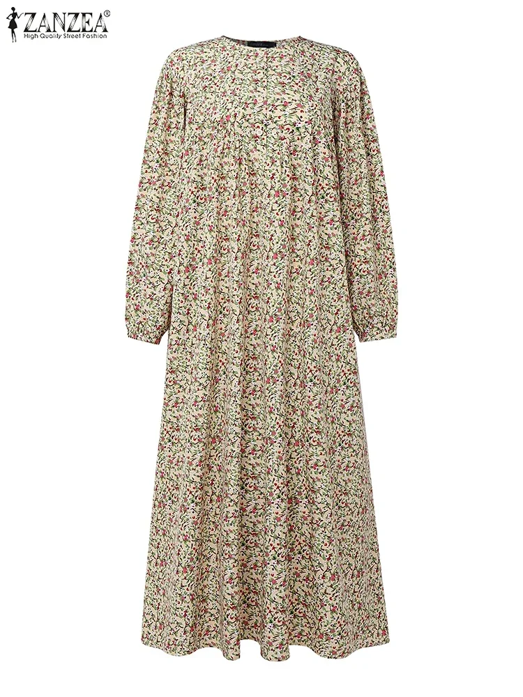 

2025 ZANZEA Women Autumn Printed Dress Muslim Abaya Hijab Sundress Robe Femme Casual Long Sleeve Loose Vestido Islamic Clothing