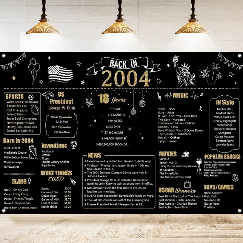 2004 Black Gold Photography Backdrop 19th Year Old Birthday Background Coming Of Age Black Gold Home Party Backdrop Wall Banner