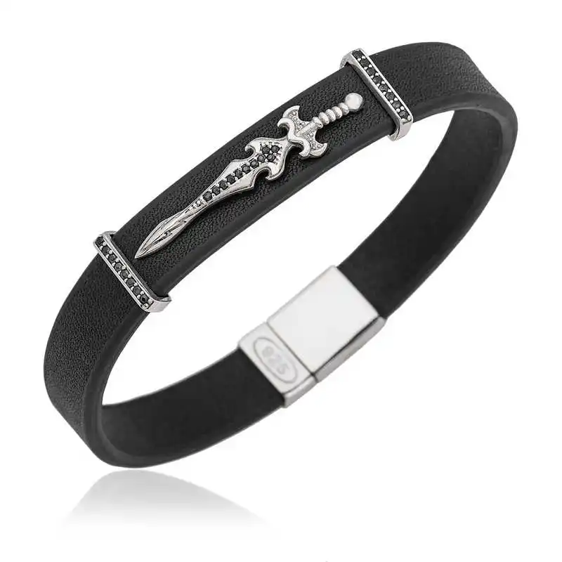 Silver Sword Figured Leather Male Bracelet