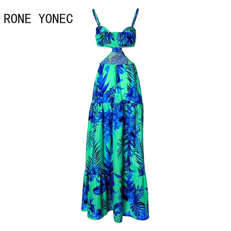 Women Elegant Sexy Spaghetti Straps All Over Print Midriff Maxi Vacation Beach Sexy Dresses