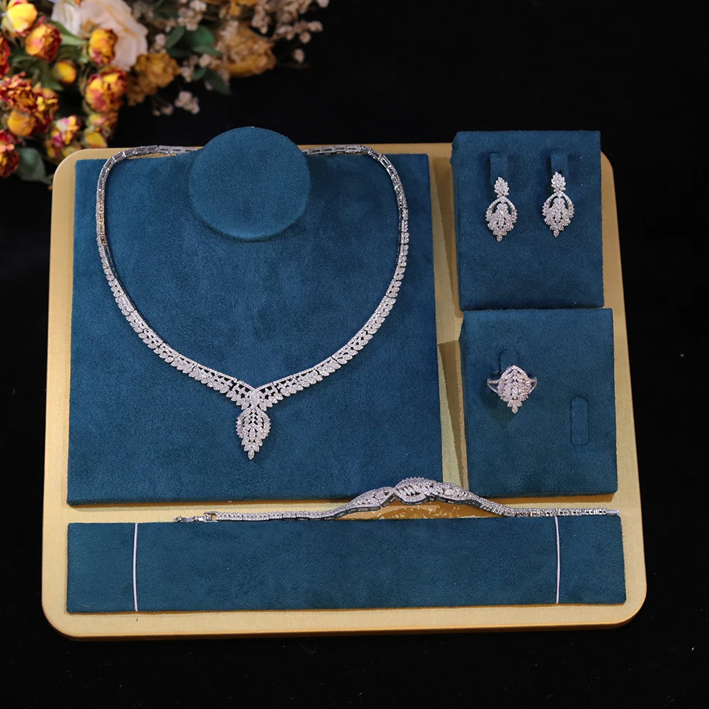 

Luxury Sparking Brilliant 4pcs Cubic Zircon Necklace Earrings Wedding Bridal Jewelry Sets for Women Dress Party ZY084