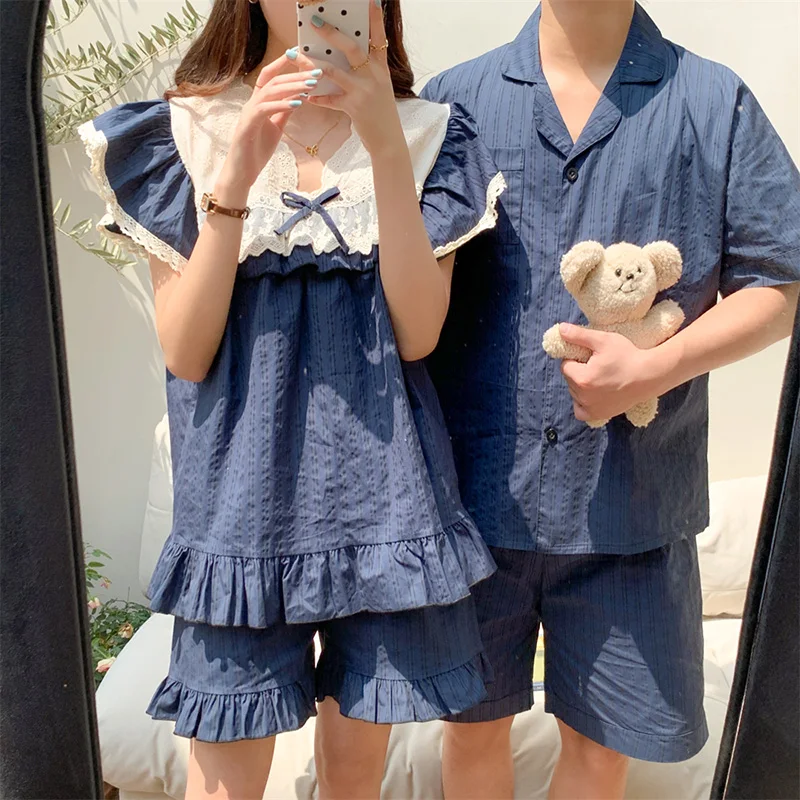 

Lovers New Home Soft Simple Summer Short Sleeve Girlish Pajama Set Women Loose 100%Cotton Couple Casual Elegant Sleep Tops Ins