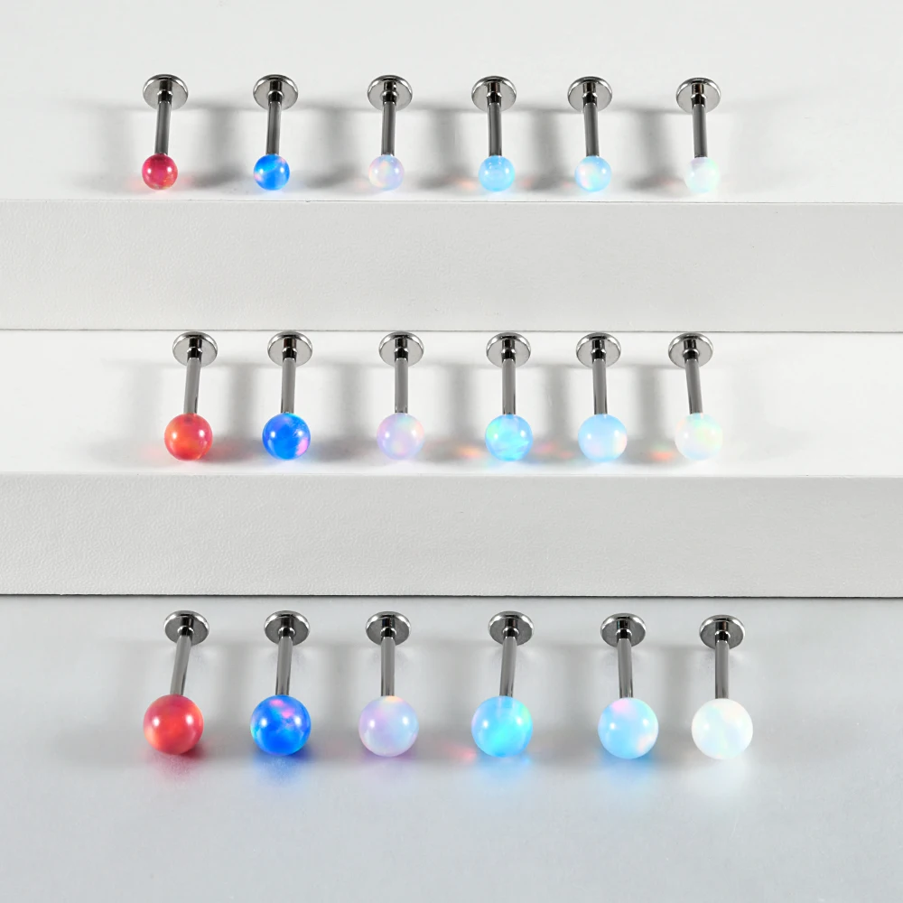 1PC G23 Titanium Threadless Labret Aurora Opal Beads Ear Tragus Cartilage Helix Flat Base Earrings push-in Piercing Jewelry