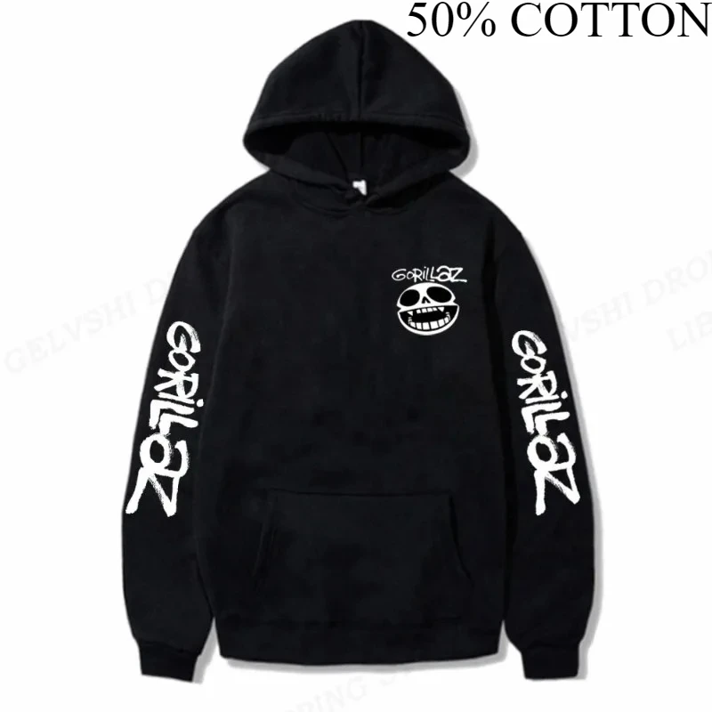 سويت شيرت بقلنسوة من Rock Band Gorillaz لألبوم الموسيقى، سويت شيرت من القماش على الموضة في الشارع، سويت شيرت كاجوال للجري على طراز Cyberpunk #1