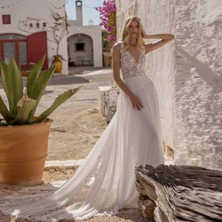 Vestidos De Novia blancos clásicos, cuello en V, sin mangas, apliques De ilusión, cola De barrido, línea A, gasa