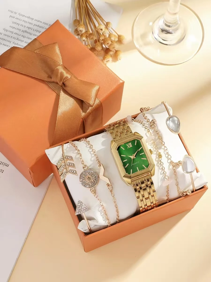 مجموعة أساور كوارتز نسائية عصرية وبسيطة ومتعددة الاستخدامات وسوار فولاذي مربع الشكل مكونة من 7 قطع، مناسبة لعيد الميلاد وعيد الشكر #1