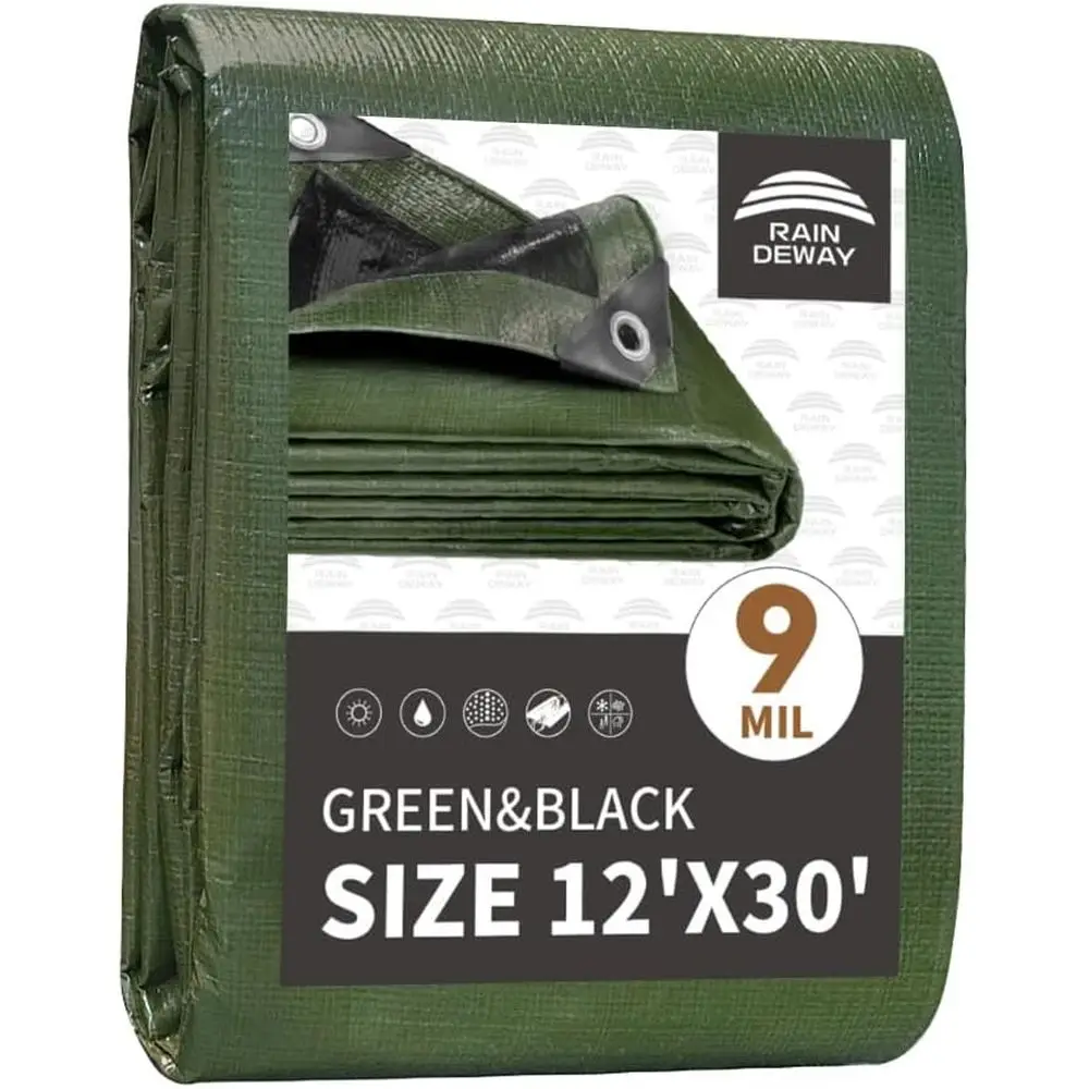 

Зеленый/черный многоцелевой полипропиленовый тент 12x30 футов, 9 мил, с металлическими люверсами и усиленными краями