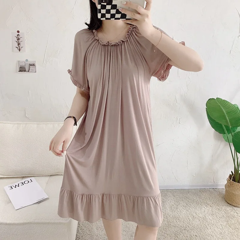 Modal Nightdress Women's Summer Nightgowns New Large Size Round Neck Pleated Ladies Nightshirt Loose Short Sleeve Long Dress